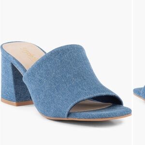 SEYCHELLES ADAPT BLUE DENIM SLIDE SANDAL STACKED 3” HEEL 8.5 NEW